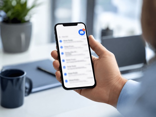 Hand houdt een telefoon vast met een volle lijst e-mails