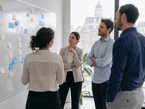 Team staat bij een wand met post-its tijdens een werksessie