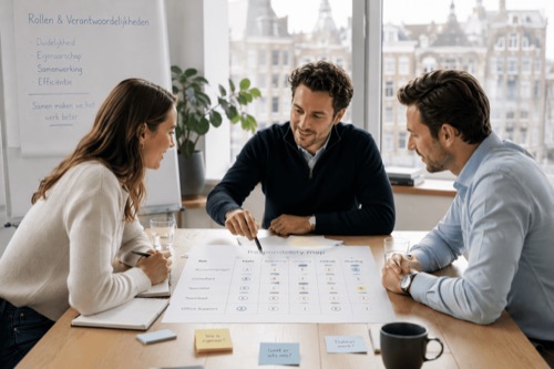 Drie collega's overleggen aan tafel over een schema op papier