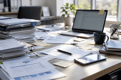 Bureau vol papieren, mappen en losse notities naast een laptop